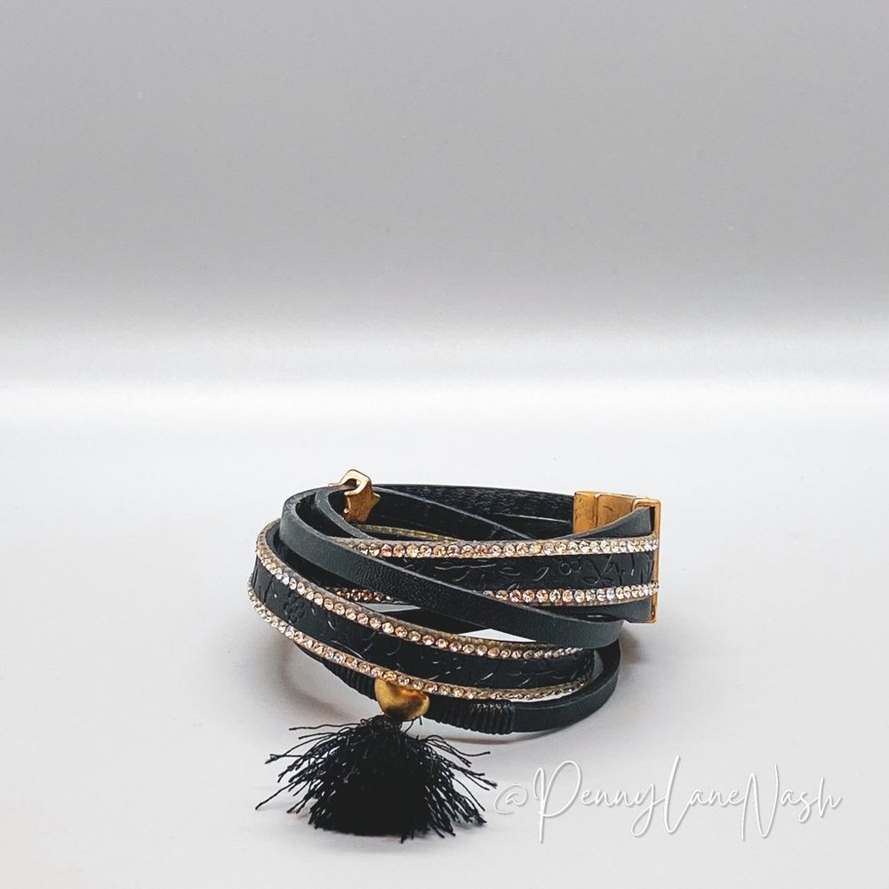 Vintage Black Leather Studded Wrap Clasp with Tassle Bracelet - Picture 1 of 6